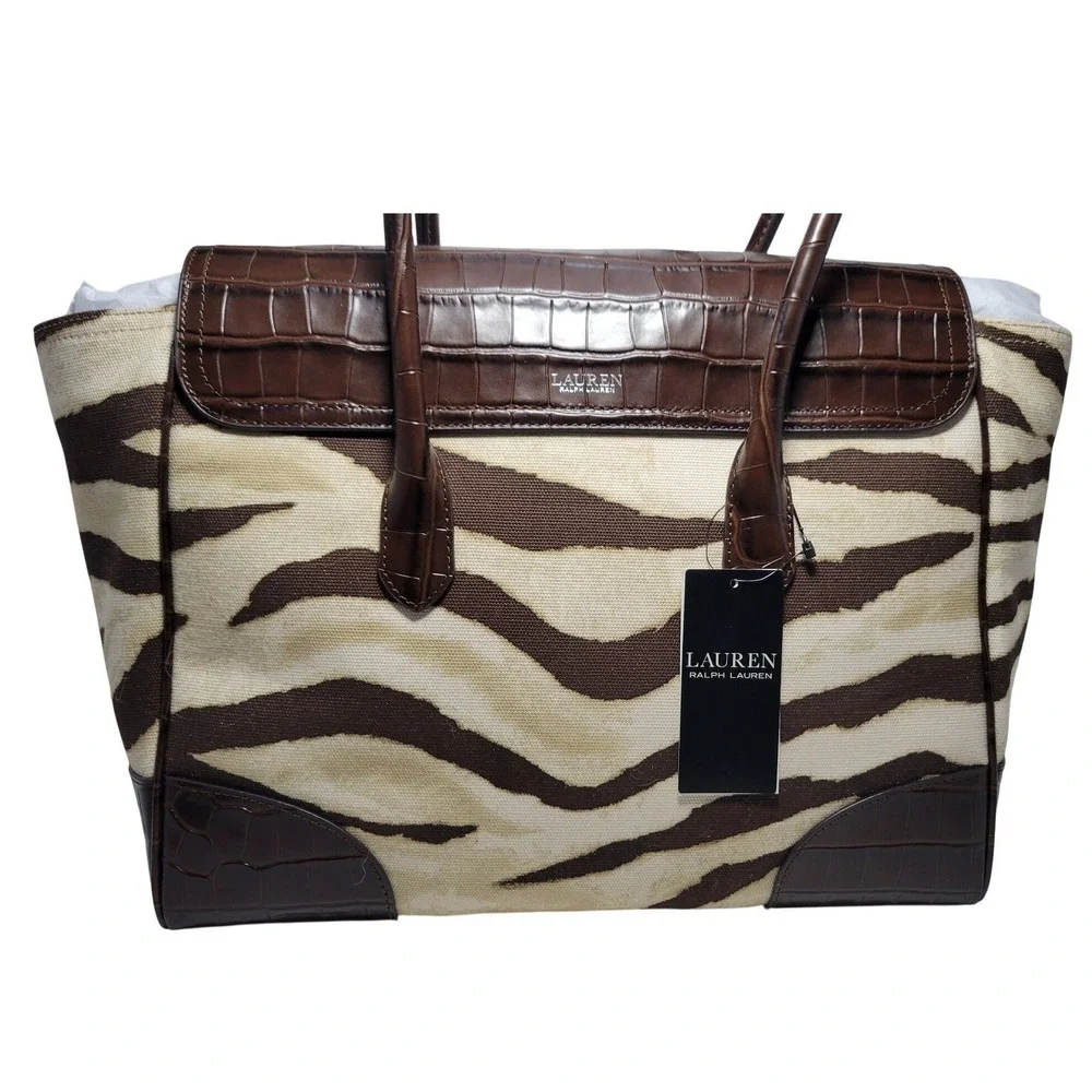 Lauren Ralph Lauren Zebra Canvas Croc‎ Embossed Leather Satchel Bag 431969469001